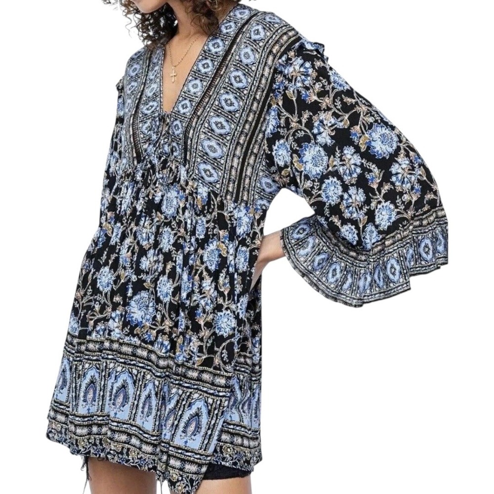 Free People Moonlight Dance‎ Floral Bell Sleeve Boho Tunic Top Blue Size Small
